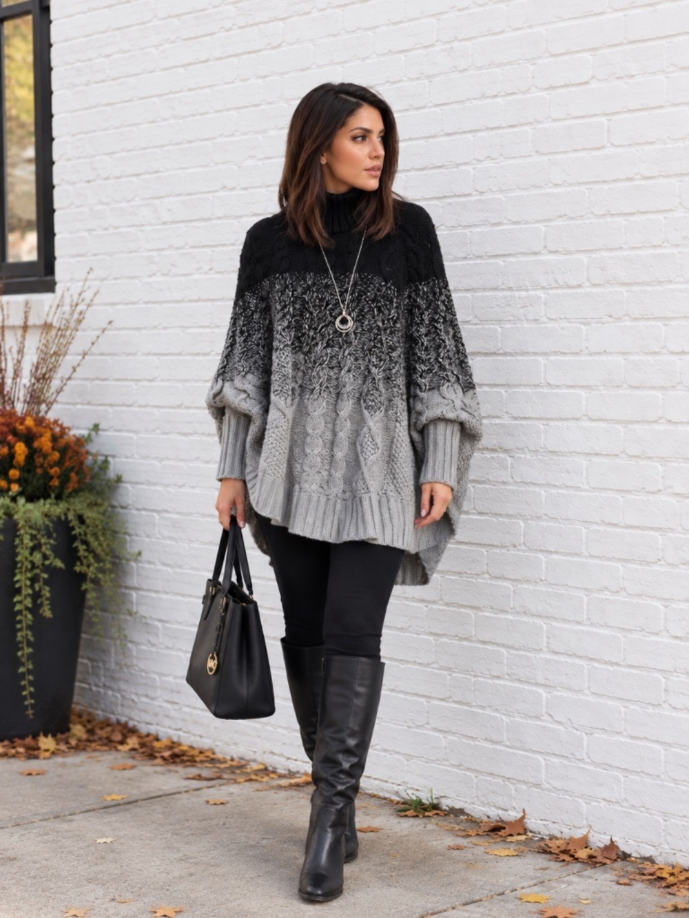 Michael Kors Black Gray Ombre Cable Knit Poncho Sweater Turtleneck Oversized